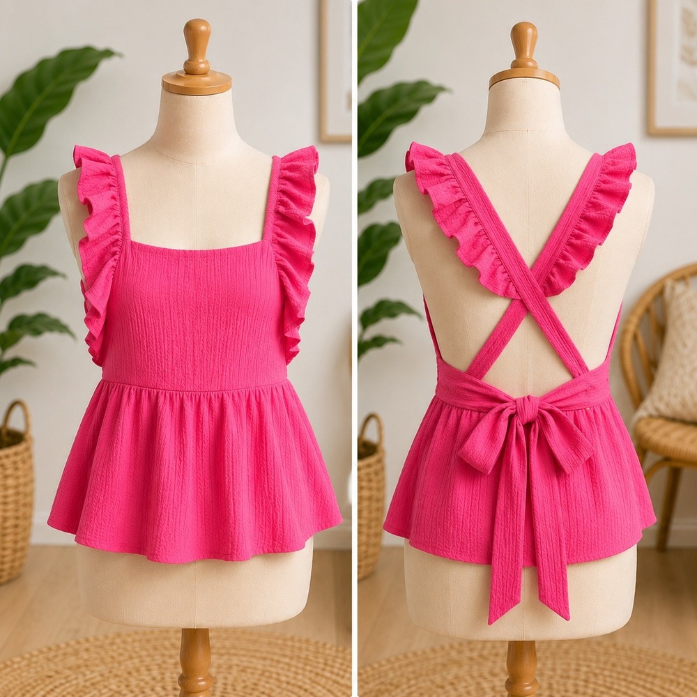 NWT Cupshe Peplum Top Womens XL Pink Ruffle Strap‎ Cross Back Tie Textured